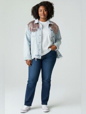 L&B Lucky Blessed Sequin Distressed Light Wash Denim Jean Jacket Rose Gold Sz M